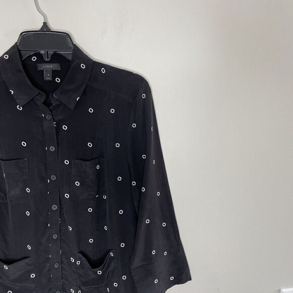 J.CREW Shirt Dress Womens Small 100% Silk Black Print Drop Waist Collared Button - Picture 2 of 11